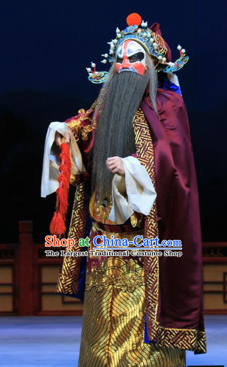 Linjiang Post Chinese Ping Opera Elderly Man Costumes and Headwear Pingju Opera Laosheng Apparels Clothing Official Zhang Tianjue Embroidered Robe