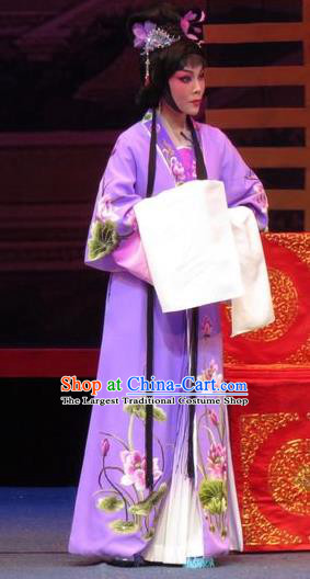 Chinese Ping Opera Diva Purple Apparels Costumes and Headpieces The Five Female Worshipers Traditional Pingju Opera Hua Tan Dress Garment