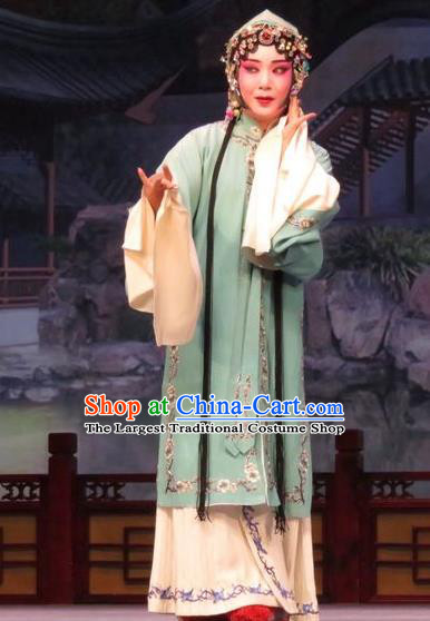 Chinese Ping Opera Huadan Actress Apparels Costumes and Headpieces Remember Back to the Cup Traditional Pingju Opera Green Dress Garment