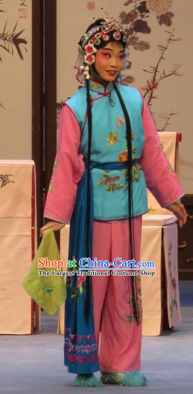 Chinese Ping Opera Young Lady Maidservant Apparels Costumes and Headdress Peach Blossom Temple Traditional Pingju Opera Xiaodan Dress Garment