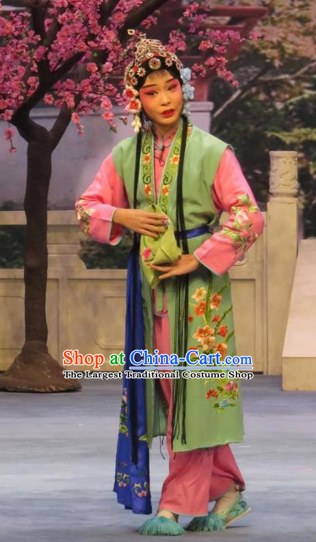 Chinese Ping Opera Young Lady Apparels Costumes and Headdress Peach Blossom Temple Traditional Pingju Opera Xiaodan Dress Maidservant Garment