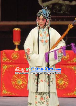 Chinese Ping Opera Diva Apparels Costumes and Headdress Linjiang Post Traditional Pingju Opera Hua Tan Dress Actress Zhang Lanzhen Garment