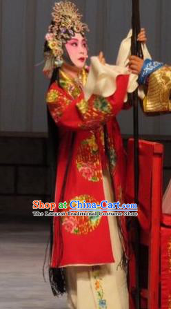 Chinese Ping Opera Bride Apparels Costumes and Headdress Linjiang Post Traditional Pingju Opera Red Dress Diva Zhang Lanzhen Wedding Garment