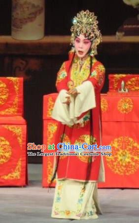 Chinese Ping Opera Bride Apparels Costumes and Headdress Linjiang Post Traditional Pingju Opera Red Dress Diva Zhang Lanzhen Wedding Garment