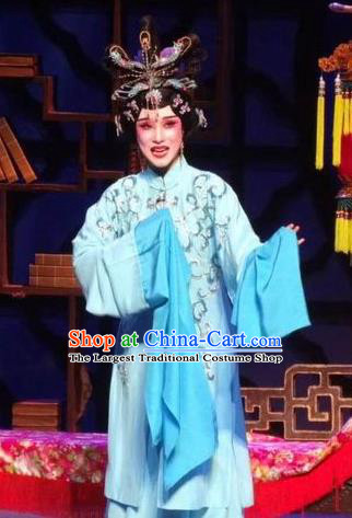 Chinese Ping Opera The Beautiful Courtesan Du Shiniang Costumes Apparels and Headpieces Traditional Pingju Opera Hua Tan Blue Dress Garment