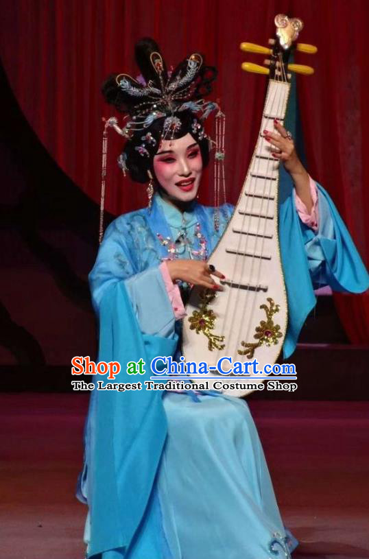 Chinese Ping Opera The Beautiful Courtesan Du Shiniang Costumes Apparels and Headpieces Traditional Pingju Opera Hua Tan Blue Dress Garment