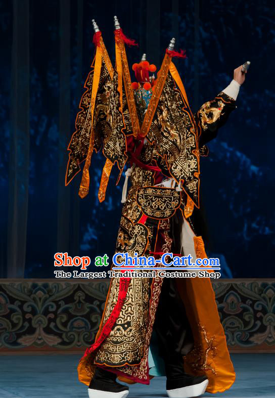Ma Zhaoyi Chinese Ping Opera General Kao Armor Suit with Flags Costumes and Headwear Pingju Opera Elderly Male Apparels Clothing