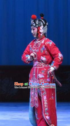 Chinese Ping Opera Martial Female Red Apparels Costumes and Headdress Traditional Pingju Opera San Kan Yu Mei Swordswoman Dress Garment