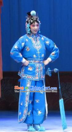Chinese Ping Opera Wudan Martial Female Apparels Costumes and Headdress Traditional Pingju Opera San Kan Yu Mei Swordswoman Blue Dress Garment