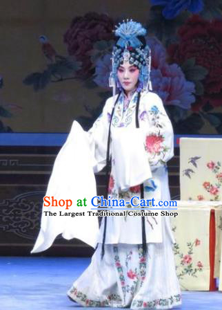 Chinese Ping Opera Diva Liu Jinding Apparels Costumes and Headdress Traditional Pingju Opera San Kan Yu Mei Hua Tan White Dress Garment