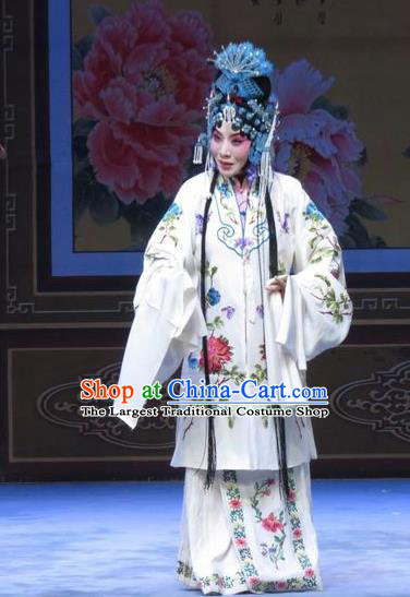 Chinese Ping Opera Diva Liu Jinding Apparels Costumes and Headdress Traditional Pingju Opera San Kan Yu Mei Hua Tan White Dress Garment