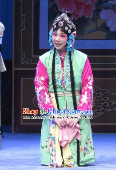 Chinese Ping Opera Xiaodan Apparels Costumes and Headpieces Traditional Pingju Opera San Kan Yu Mei Servant Girl Green Dress Garment