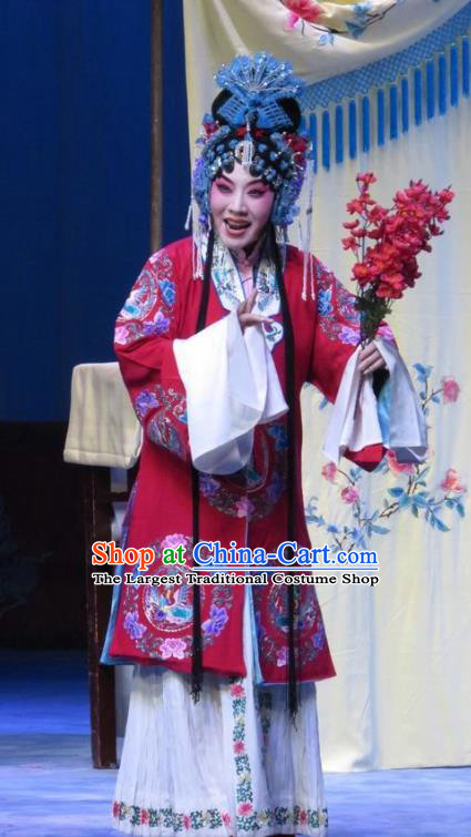 Chinese Ping Opera Hua Tan Diva Liu Jinding Apparels Costumes and Headpieces Traditional Pingju Opera San Kan Yu Mei Actress Red Dress Garment