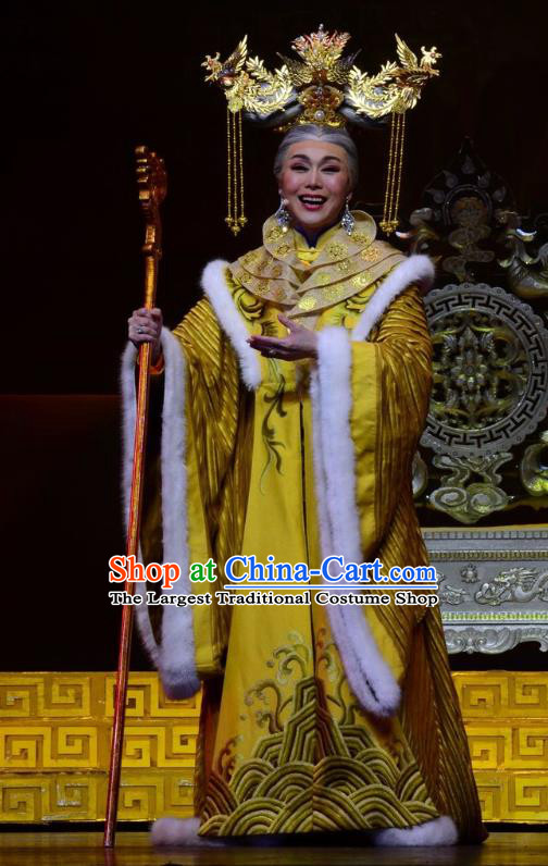 Chinese Ping Opera Queen Mother Golden Costumes Apparels and Headdress Xiaozhuang Changge Traditional Pingju Opera Empress Dowager Dress Garment