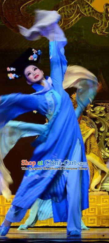 Chinese Ping Opera Palace Lady Costumes Apparels and Headdress Xiaozhuang Changge Traditional Pingju Opera Actress Blue Dress Garment