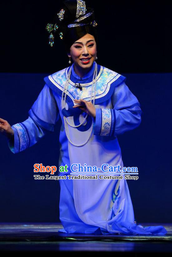 Chinese Ping Opera Palace Lady Costumes Apparels and Headdress Xiaozhuang Changge Traditional Pingju Opera Qing Dynasty Blue Dress Garment