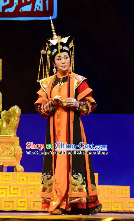 Chinese Ping Opera Queen Mother Costumes Apparels and Headdress Xiaozhuang Changge Traditional Pingju Opera Qing Dynasty Empress Dowager Dress Garment