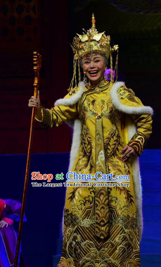 Chinese Ping Opera Qing Dynasty Queen Mother Costumes Apparels and Headdress Xiaozhuang Changge Traditional Pingju Opera Actress Dress Garment