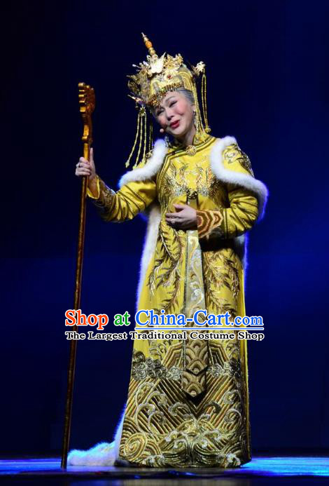 Chinese Ping Opera Qing Dynasty Queen Mother Costumes Apparels and Headdress Xiaozhuang Changge Traditional Pingju Opera Actress Dress Garment