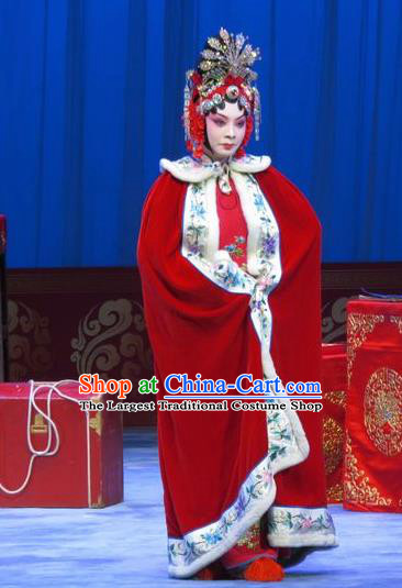 Chinese Ping Opera Hua Tan Du Shiniang Red Costumes Apparels and Headpieces The Beautiful Courtesan Traditional Pingju Opera Diva Dress Garment