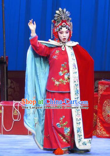 Chinese Ping Opera Hua Tan Du Shiniang Red Costumes Apparels and Headpieces The Beautiful Courtesan Traditional Pingju Opera Diva Dress Garment