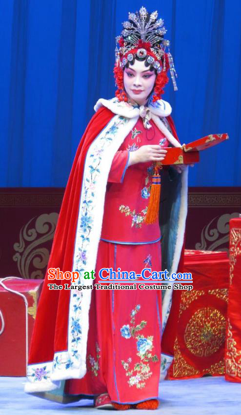 Chinese Ping Opera Hua Tan Du Shiniang Red Costumes Apparels and Headpieces The Beautiful Courtesan Traditional Pingju Opera Diva Dress Garment