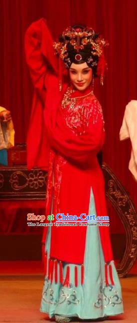 Chinese Ping Opera Huadan Du Shiniang Costumes Apparels and Headpieces The Beautiful Courtesan Traditional Pingju Opera Diva Red Dress Actress Garment