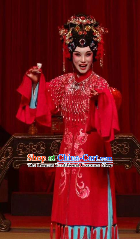 Chinese Ping Opera Huadan Du Shiniang Costumes Apparels and Headpieces The Beautiful Courtesan Traditional Pingju Opera Diva Red Dress Actress Garment