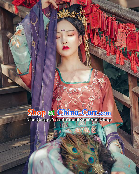 Chinese Traditional Tang Dynasty Hanfu Dress Ancient Royal Princess Embroidered Apparels Historical Costumes