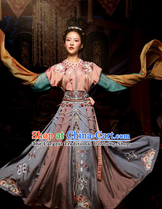 Chinese Traditional Tang Dynasty Flying Apsaras Dance Hanfu Dress Ancient Palace Lady Embroidered Apparels Historical Costumes Complete Set