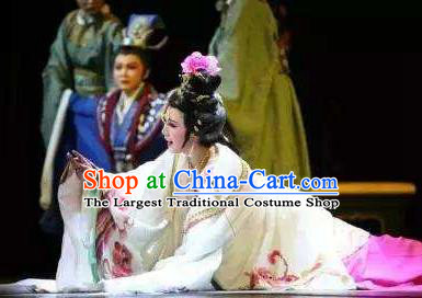 Chinese Shaoxing Opera Imperial Consort Costumes Zhen Huan Apparels Yue Opera Diva Garment Hua Tan Young Lady White Dress and Hair Jewelry