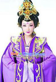 Chinese Shaoxing Opera Imperial Consort Purple Dress Costumes Zhen Huan Apparels Yue Opera Hua Tan Diva Garment and Headpieces