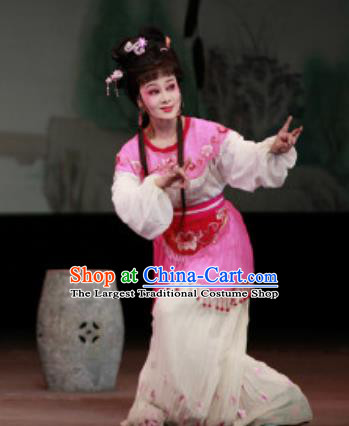 Chinese Shaoxing Opera Maidservant Costumes Yue Opera Xiao Dan The Wrong Red Silk Apparels Garment Servant Girl Rosy Dress and Hair Jewelry