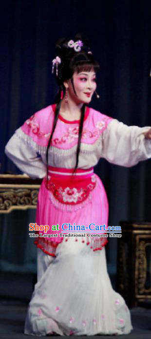 Chinese Shaoxing Opera Maidservant Costumes Yue Opera Xiao Dan The Wrong Red Silk Apparels Garment Servant Girl Rosy Dress and Hair Jewelry