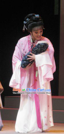 Chinese Shaoxing Opera Young Female Hua Tan Garment Shuang Yu Chan Cao Fang Er Yue Opera Costumes Actress Pink Dress Apparels and Headdress