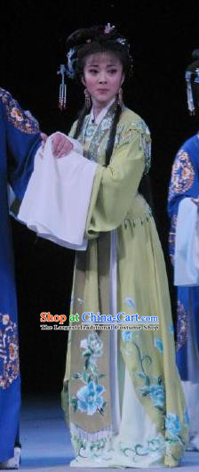 Chinese Shaoxing Opera Noble Lady Garment Shuang Yu Chan Yue Opera Hua Tan Costumes Actress Lv Biyun Green Dress Apparels and Headpieces