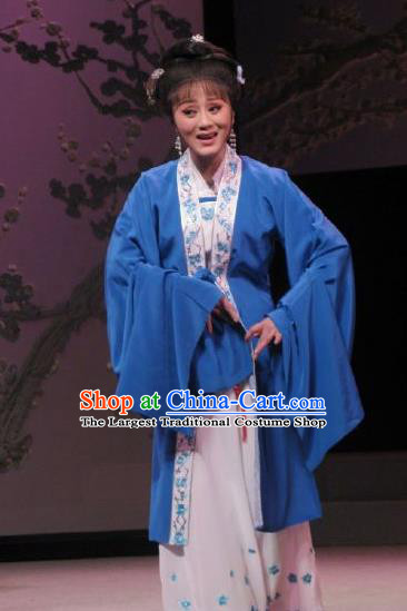 Chinese Shaoxing Opera Elderly Woman Garment Shuang Yu Chan Yue Opera Actress Costumes Middle Age Female Blue Dress Apparels and Hair Accessories