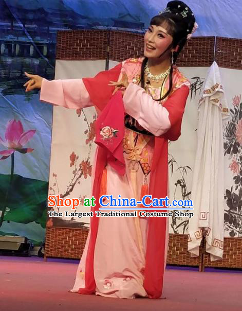 Chinese Shaoxing Opera Maidservant Costumes Yue Opera Lao Dan The Wrong Red Silk Young Lady Garment Servant Girl Apparels and Hair Jewelry