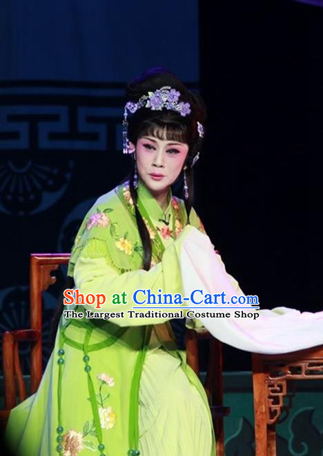 Chinese Shaoxing Opera Dan Green Dress Garment A Tragic Marriage Yue Opera Actress Costumes Hua Tan Apparels and Hair Ornaments