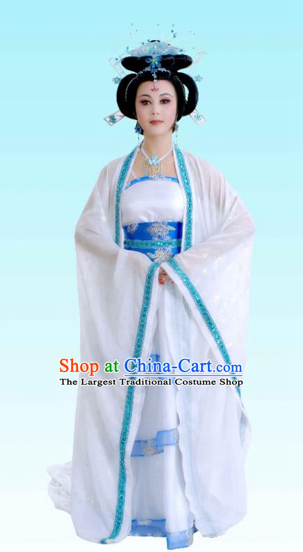 Chinese Shaoxing Opera Empress White Dress Garment The Legend of Pearl Zhen Zhu Chuan Qi Yue Opera Costumes Beauty Xi Shi Apparels and Headdress