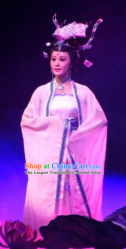 Chinese Shaoxing Opera Empress White Dress Garment The Legend of Pearl Zhen Zhu Chuan Qi Yue Opera Costumes Beauty Xi Shi Apparels and Headdress