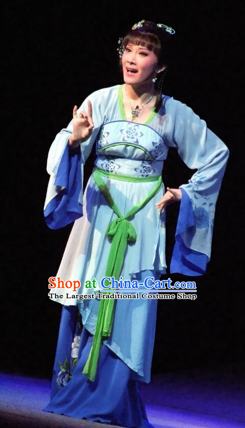 Chinese Shaoxing Opera Village Girl Blue Dress Garment The Legend of Pearl Zhen Zhu Chuan Qi Yue Opera Xiao Dan Costumes Young Lady Jin Zhu Apparels and Headpiece