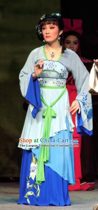 Chinese Shaoxing Opera Village Girl Blue Dress Garment The Legend of Pearl Zhen Zhu Chuan Qi Yue Opera Xiao Dan Costumes Young Lady Jin Zhu Apparels and Headpiece