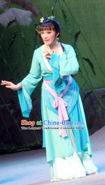 Chinese Shaoxing Opera Young Female Blue Dress Garment The Legend of Pearl Zhen Zhu Chuan Qi Yue Opera Costumes Country Woman Apparels and Hair Accessories