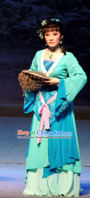 Chinese Shaoxing Opera Young Female Blue Dress Garment The Legend of Pearl Zhen Zhu Chuan Qi Yue Opera Costumes Country Woman Apparels and Hair Accessories