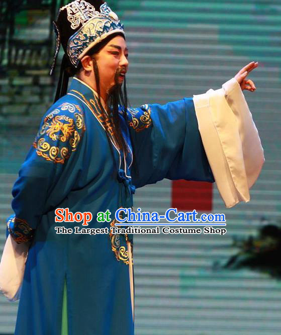 The Wrong Red Silk Chinese Yue Opera Elderly Male Apparels Shaoxing Opera Laosheng Costumes Garment Landlord Blue Robe and Hat