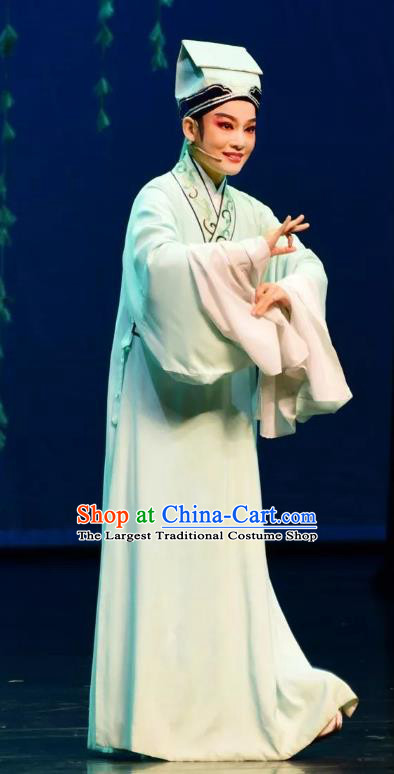 Chinese Yue Opera Scholar Niche Costumes and Hat Shaoxing Opera Yan Zhi Apparels Xiao Sheng Young Male E Qiusun Robe Garment
