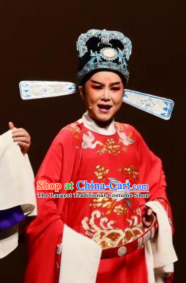 Chinese Yue Opera Official Costumes and Hat Shaoxing Opera Yan Zhi Apparels Magistrate Garment Wu Nandai Red Embroidered Robe