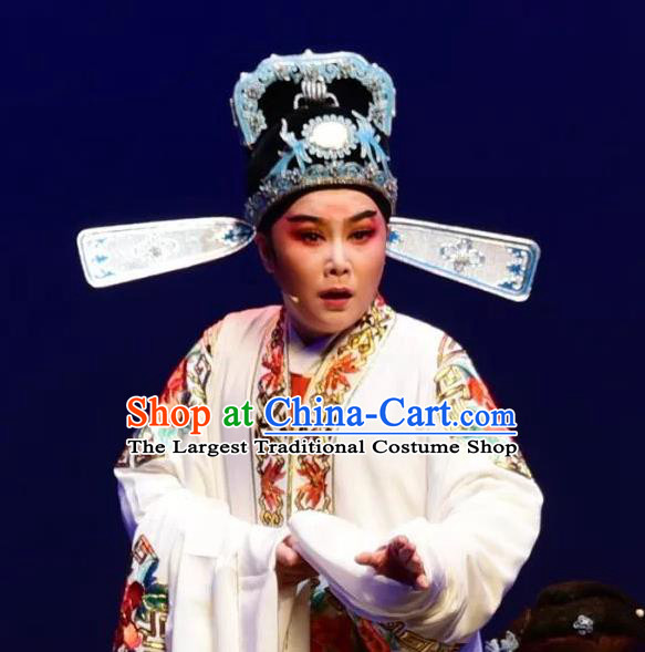 Chinese Yue Opera Young Male Costumes and Hat Shaoxing Opera Yan Zhi Apparels Garment Scholar White Embroidered Robe