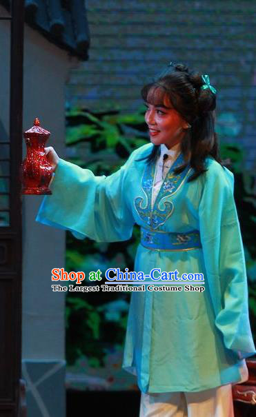 Chinese Yue Opera The Wrong Red Silk Apparels Shaoxing Opera WaWa Sheng Servant Costumes Livehand Garment and Headpiece